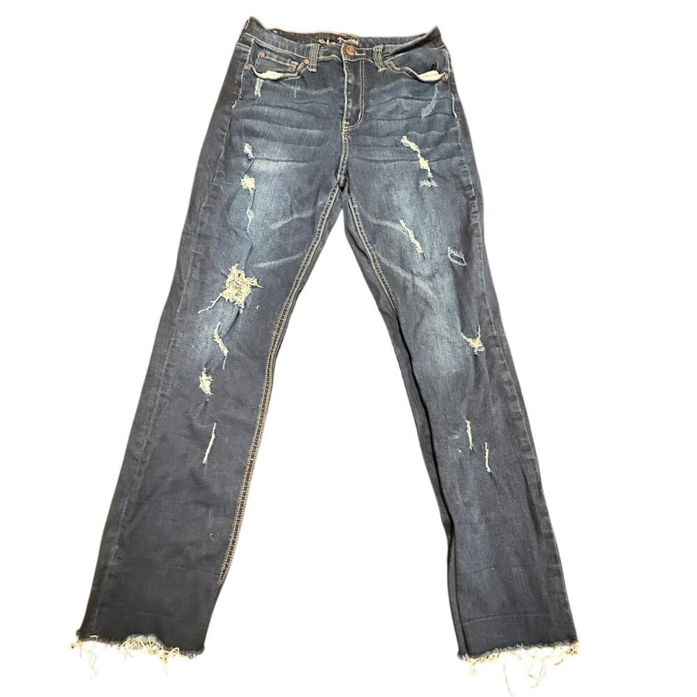 Blue Desire Women's High Rise Distressed Raw Hem Dark Wash Skinny Jeans Size 11